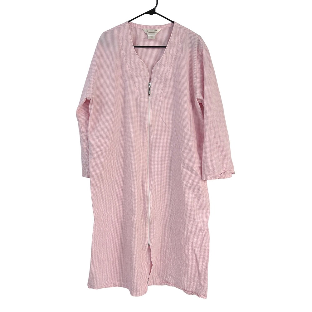 Diamond Tea Pink Gingham Seersucker Zip Robe XL Cotton Housecoat Cottagecore